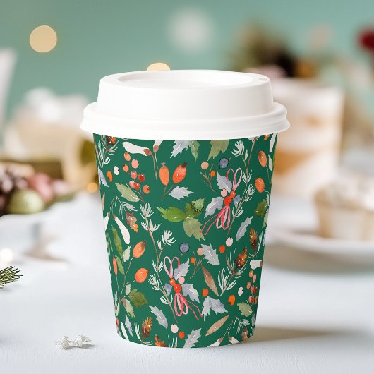 Winter Botanische Beeren und Blätter Dunkelgrün Pappbecher
