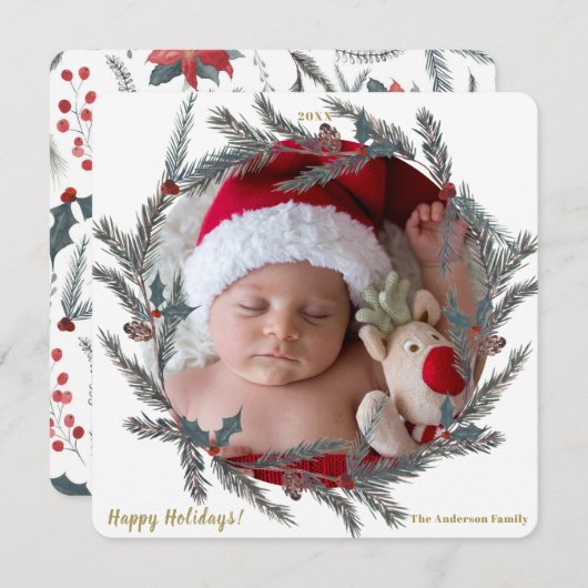 Winter Botanische Pine Berry Wreath Foto Einladung (Vorne/Hinten)