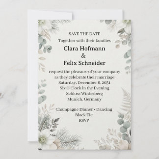 Winter Botanische Weiße Florale Save The Date Hoch Einladung