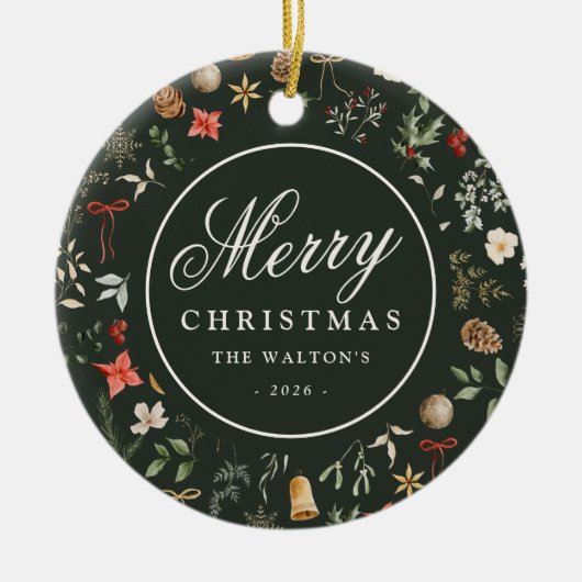 Winter Botanisches Festfest Frohe Weihnachten Keramik Ornament (Vorne)