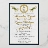 Winter Botanisches Monogramm - Blau Folieneinladung (Vorderseite)