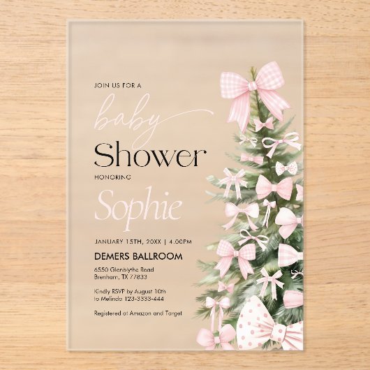 Winter Bow Baby Dusche Acryleinladungen (Vorderseite)