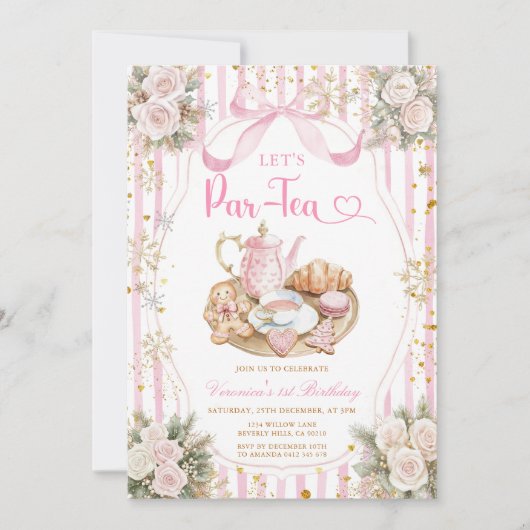 Winter Bow Let’s Par-tea Girl Birthday Snowflakes Einladung (Vorderseite)