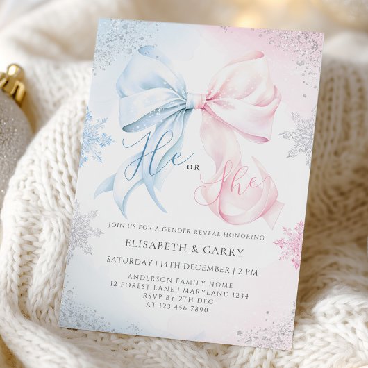 Winter Bows Snowflakes Gender Reveal Invitation Einladung