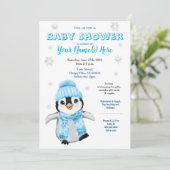 Winter Boy Penguin Baby Dusche BlueEinladung Einladung (Stehend Vorderseite)