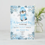 Winter Boy Pinguin Dusche Einladung Blauer Schnee (Stehend Vorderseite)