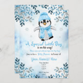 Winter Boy Pinguin Dusche Einladung Blauer Schnee (Vorne/Hinten)