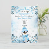 Winter Boy Pinguin Dusche Einladung Blauer Schnee (Stehend Vorderseite)