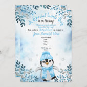 Winter Boy Pinguin Dusche Einladung Blauer Schnee (Vorne/Hinten)