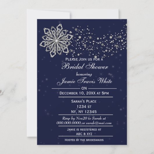 Winter-Brautparty "Blau" und "Silver Snowflake" Einladung (Vorderseite)