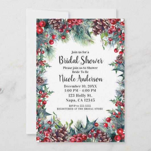 Winter Brautparty Holiday Holly & Pine Cones Einladung (Vorderseite)