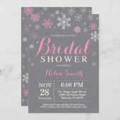 Winter-Brautparty-Rosa-Schneeflocke-Grau Einladung (Vorne/Hinten)