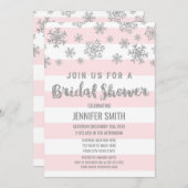 Winter Brautparty Rosa Streifen Silberschneeflocke Einladung (Vorne/Hinten)