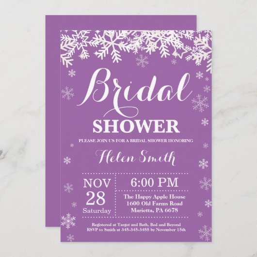 Winter Brautparty Snowflake Lila Einladung (Vorne/Hinten)