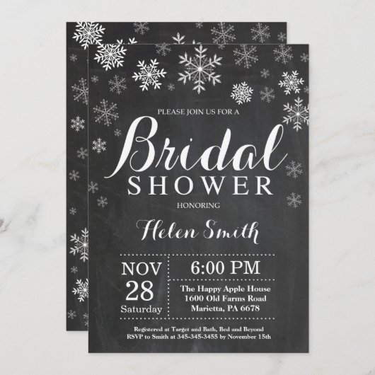Winter Brautparty White Snowflake Chalkboard Einladung (Vorne/Hinten)
