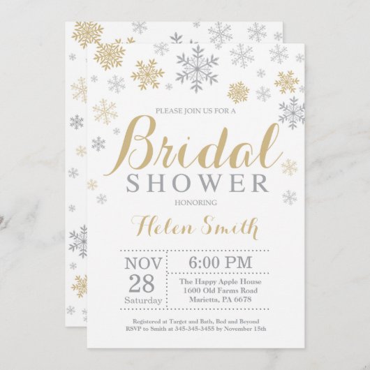 Winter Bridal Dusche Einladung Gold Snowflake (Vorne/Hinten)