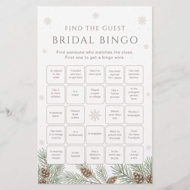 Winter Bridal Shower Bingo Game Find the Guest (Vorderseite)
