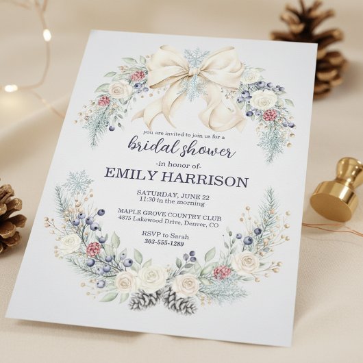 Winter Bridal Shower Invitation Cream Bow Floral Einladung