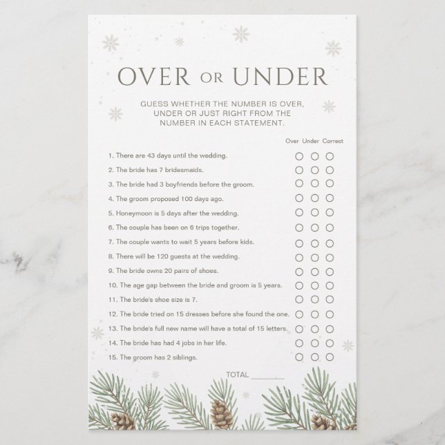 Winter Bridal Shower Over or Under Game (Vorderseite)