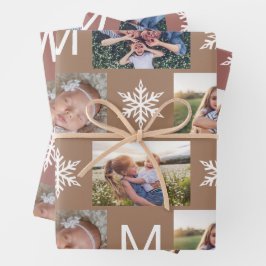 Winter Bronze Snowflakes Monogramm Foto Collage Geschenkpapier Set