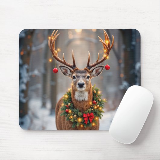 Winter Buck Wearing a Glowing Holiday Wreath Mousepad (Mit Mouse)