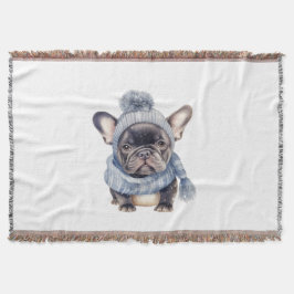 Winter Bulldog Baby in blauer Mütze und Schal  Decke