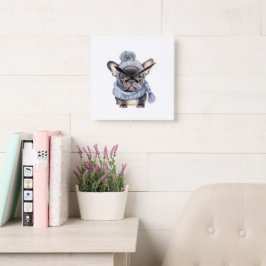 Winter Bulldog Baby in blauer Mütze und Schal  Quadratische Wanduhr