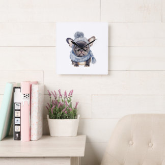 Winter Bulldog Baby in blauer Mütze und Schal  Quadratische Wanduhr