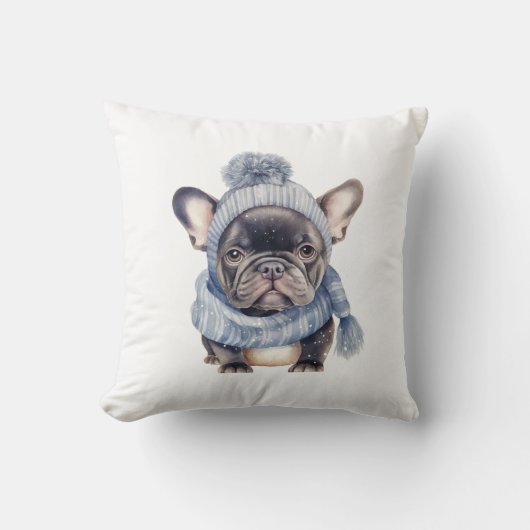 Winter Bulldog Baby in Blue Cap and Scarf Kissen (Vorderseite)