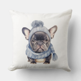 Winter Bulldog Baby in Blue Cap and Scarf  Kissen