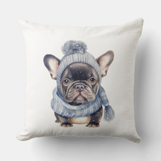 Winter Bulldog Baby in Blue Cap and Scarf  Kissen