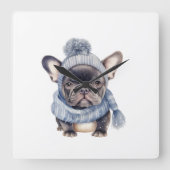 Winter Bulldog Baby in Blue Cap and Scarf  Quadratische Wanduhr (Vorderseite)
