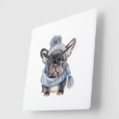 Winter Bulldog Baby in Blue Cap and Scarf Quadratische Wanduhr (Winkel)