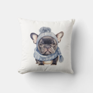 Winter Bulldog Baby in Blue Cap und Scarf Kissen