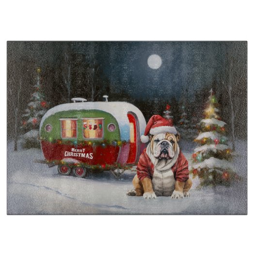 Winter Bulldog Caravan Weihnachtsabenteuer Schneidebrett (Vorderseite)