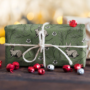 Winter Bunnies Forest Green Holiday Geschenkpapier