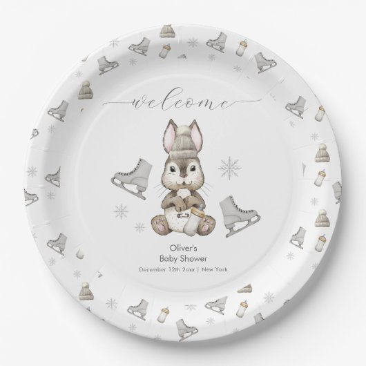 Winter Bunny Ice Skate Baby Shower Welcome Pappteller (Vorderseite)