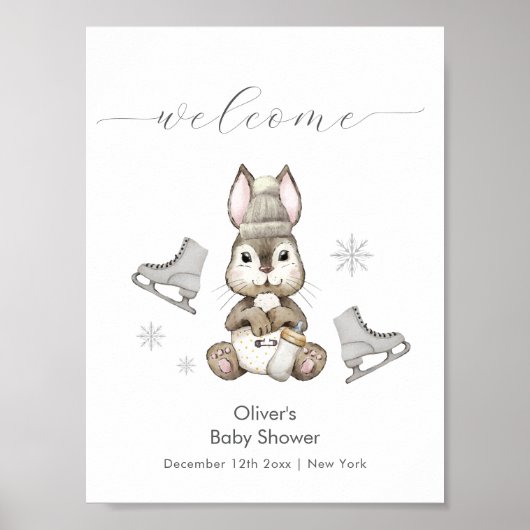 Winter Bunny Ice Skate Baby Shower Welcome Poster (Vorne)