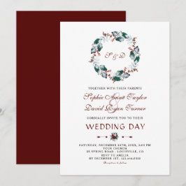 Winter Burgund Berries Blätter Wreath Wedding Einladung