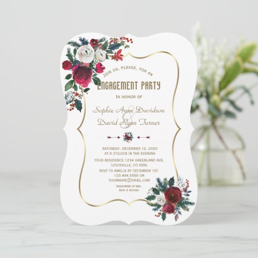 Winter Burgund florale Pine Gold-Engagement Party Einladung (Stehend Vorderseite)