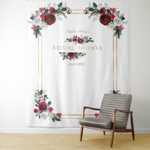 Winter Burgund Florales Hochzeitsdusche-Foto-Requi Wandteppich