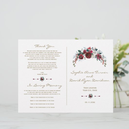 Winter Burgund Pine Gold Hochzeitsprogramm für Flo (Stehend Vorderseite)