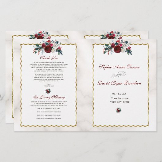 Winter Burgund Pine Gold Hochzeitsprogramm für Flo (Vorne/Hinten)