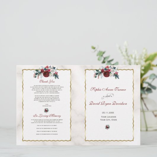 Winter Burgund Pine Gold Hochzeitsprogramm für Flo (Stehend Vorderseite)