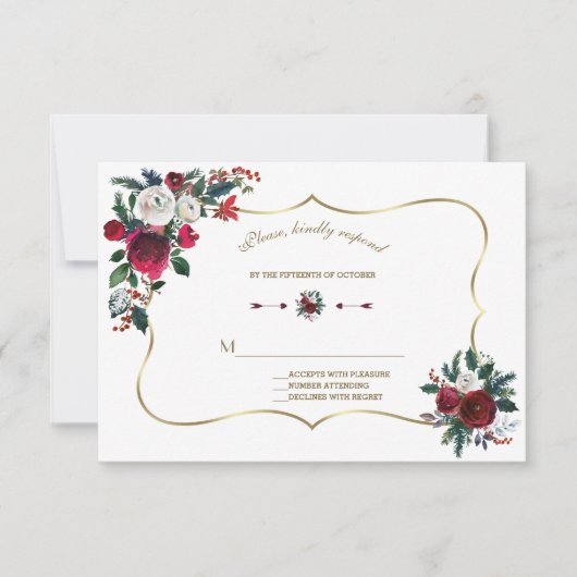 Winter Burgund Pine Gold Wedding RSVP Karte (Vorderseite)
