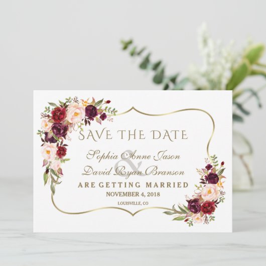 Winter Burgund Pine Pine Gold Save the Date (Stehend Vorderseite)