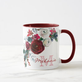 Winter Burgund Rose Blumenkiefer Bouquet Monogramm Tasse