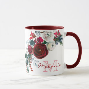 Winter Burgund Rose Blumenkiefer Bouquet Monogramm Tasse