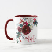 Winter Burgund Rose Blumenkiefer Bouquet Monogramm Tasse (Links)