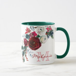 Winter Burgund Rose Blumenkiefer Bouquet Monogramm Tasse